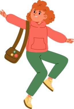 Kıvırcık saçlı biri, günlük giysiler giyip çizgi film tarzı çanta takarak enerjik bir şekilde zıplar. Karakter mutluluk ve hareket yayıyor, dinamik duruş sergiliyor. Çizgi film vektör illüstrasyonu.
