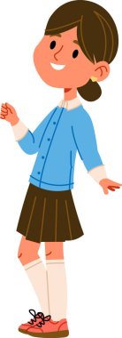 Okul üniforması giyen at kuyruklu genç bir kız. Çizgi film tarzında çizilmiş. Karakter neşeli bir ifade ve gündelik bir pozla tasvir edilir. Çizgi film vektör illüstrasyonu.