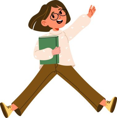 Gözlüklü bir kız elinde çizgi film tarzında bir kitapla neşeyle zıplıyor. Günlük kıyafetler giyiyor ve elini enerjik bir şekilde sallıyor. Çizgi film vektör illüstrasyonu.