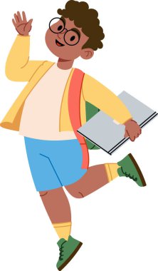 Gözlüklü neşeli bir öğrenci elinde çizgi film tarzında bir kitap tutarak zıplıyor. Karakter gündelik kıyafetler ve bir sırt çantası giyer ve heyecan saçar. Çizgi film vektör illüstrasyonu.
