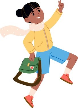 Eşarplı ve ceketli bir çocuk elinde bir çanta tutarken sevinçle yukarı bakıyor. Çocukların ifadesi mutlu, şort ve spor ayakkabı giyiyorlar, kolları havada. Çizgi film vektör illüstrasyonu.