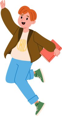 Kızıl saçlı mutlu bir çocuk elinde çizgi film tarzında bir kitap tutarak enerjik bir şekilde zıplıyor. Karakter gündelik giysiler ve spor ayakkabıları giyer, heyecanını ifade eder. Çizgi film vektör illüstrasyonu.