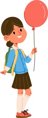 Balon tutan ve çizgi film tarzında sırt çantası takan genç bir kız. Çocuk neşeli bir ifade ve günlük kıyafetle tasvir edilir. Çizgi film vektör illüstrasyonu.