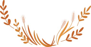 Çizgi film tarzında yaprak ve buğday saplı kıvrımlı dallar. Buğday ve yapraklar eğlenceli bir çizimde bir kemer oluşturur. Çizgi film vektör illüstrasyonu.