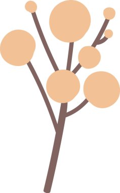 Kök yuvarlak, soluk şeftali üzümlerini düz, grafik bir şekilde sergiler. Bitkilerin sapı birkaç küresel meyveyi destekliyor ve basit bir çiçek motifi oluşturuyor. Çizgi film vektör illüstrasyonu