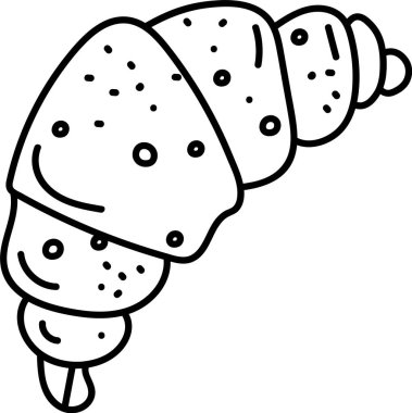 Oyuncu taslak tarzında bir kruvasan. Pasta noktalı detaylar ve tuhaf bir ifadeyle tasvir ediliyor. Çizgi film vektör illüstrasyonu.