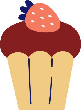 Düz çizgi film tarzında üstünde çilek olan bir kek. Tatlıda böğürtlen garnitürü ve krema var. Çizgi film vektör illüstrasyonu.