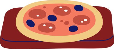 Ahşap bir tahtanın üzerindeki malzemelerle dolu düz bir çizgi film pizzası. Resimde dikdörtgen yüzeyinde dairesel malzemelerle stilize edilmiş pizza gösteriliyor. Çizgi film vektör illüstrasyonu.