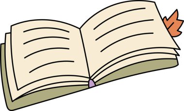 Çizgili sayfaları ve çizgi film tarzında yaprak şeklindeki yer imi olan açık bir kitap. Çizim, dekoratif sayfa işaretli açık bir defter tasvir ediyor. Çizgi film vektör illüstrasyonu.