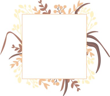 Kare çerçeve düz bir şekilde bitki ve çiçeklerden oluşan bir sınırla dekore edilir. Zarif yeşillik ve çiçek bileşenleri boş alanı kapsar. Çizgi film vektör illüstrasyonu