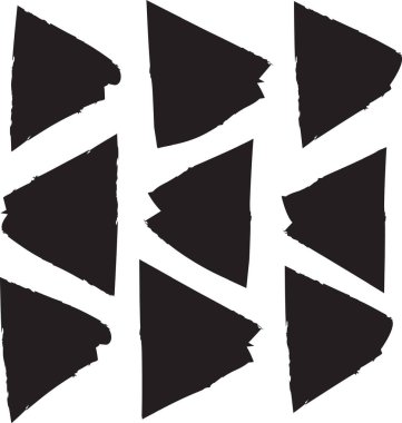 Dokuz keskin uçlu ok şekli grunge dokusuna sahip bir ızgarada sıralanmış. Oklarda gergin bir bakış var ve eşit hizada değiller. Çizgi film vektör illüstrasyonu.