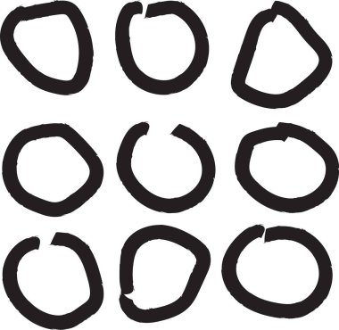 Düz olmayan dokuz daire pürüzlü fırça stilinde bir ızgarada düzenlenir. Kusurlu yuvarlak şekiller dinamik ve organik bir model yaratır. Çizgi film vektör illüstrasyonu.