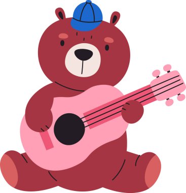 Çapkın bir tarzda gitar çalan kep takan bir çizgi film ayısı. Ayı enstrümanı otururken tutuyor, neşeli bir titreşim yayıyor. Çizgi film vektör illüstrasyonu.