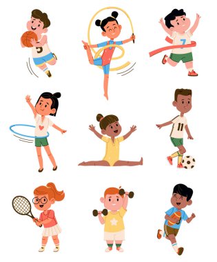 Çocuklar farklı spor aktivitelerini eğlenceli bir şekilde yapıyorlar. Çocuklar basketbol, futbol ve daha enerjik ifadelerle gösteriliyor. Çizgi film vektör illüstrasyonu.