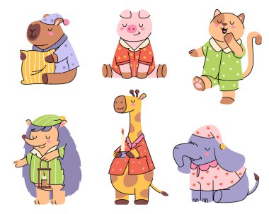 Pijamalı çizgi film hayvanları, her biri eşsiz pozlar ve ifadelerle, oyuncu bir şekilde çizilmiş. Çeşitli yaratıklar gece kıyafeti giyer, yatmadan önce dinlenirler. Çizgi film vektör illüstrasyonu.