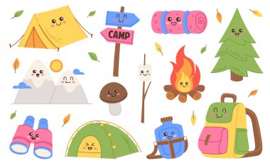 Kamp malzemeleri ve gülen yüzlü doğa parçaları komik çizgi film tarzında. Mutlu açık hava nesneleri arasında çadırlar, ağaçlar ve anlamlı özelliklere sahip bir kamp ateşi vardır. Çizgi film vektör illüstrasyonu.