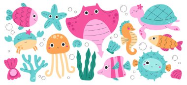Gülümseyen yüzleri ve renkli ifadeleri olan deniz hayvanları. Deniz yaşamının elementleri arasında balık, kaplumbağa ve canlı ve neşeli bir tasvirde deniz yosunu vardır. Çizgi film vektör illüstrasyonu.