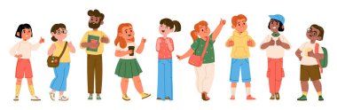 Düz çizgi film tarzında çeşitli kıyafet ve ifadelerle sıraya girmiş bir grup öğrenci. Farklı karakterler renkli bir sahnede neşe ve dostluk gösterirler. Çizgi film vektör illüstrasyonu