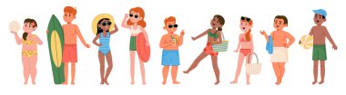 Plaj aksesuarları ve komik çizgi film tarzında mayo giyen bir grup insan. Karakterler, her birinin kendine has pozları ve ifadeleri olan çeşitli plaj etkinliklerine katılıyorlar. Çizgi film vektör illüstrasyonu.