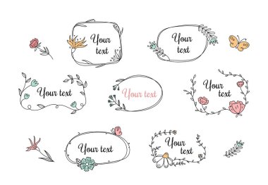 Zarif çiçek çerçeveleri ve el çizimi bir yazı için yer var. Çeşitli botanik elementler sanatsal düzende metin alanlarını çevrelemektedir. Çizgi film vektör illüstrasyonu.