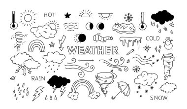 Bulutlar, gökkuşakları ve termometreler gibi çeşitli hava sembolleri elle çizilmiş. Farklı meteorolojik ikonlar imge boyunca yaratıcı bir şekilde dağılmış durumda. Çizgi film vektör illüstrasyonu.