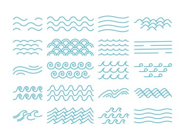 Temiz bir çizgi şeklinde çeşitli dalga desenleri. Farklı dalga tasarımları ızgara biçiminde düzenlenir. Çizgi film vektör illüstrasyonu.