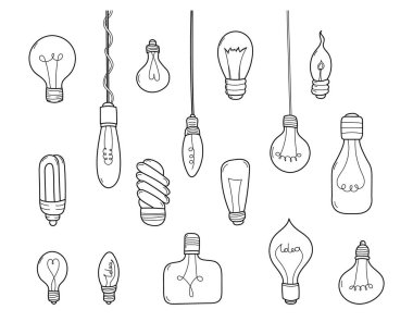 Farklı şekil ve stillerde elle çizilmiş ampul koleksiyonu. İllüstrasyonda kabataslak bir sanat tekniğiyle çeşitli ampul tasarımları sergileniyor. Çizgi film vektör illüstrasyonu