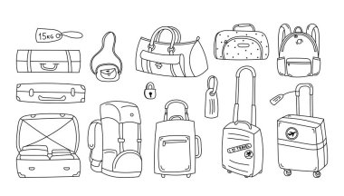Çeşitli seyahat çantaları ve aksesuarlar temiz bir sanat tarzında çizilmiş. Farklı bagaj tipleri ve basit çizgilerle tasvir edilmiş seyahat eşyaları. Çizgi film vektör illüstrasyonu.