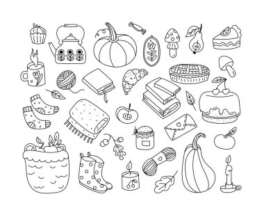 Balkabakları, kitaplar ve mumlar da dahil olmak üzere sonbahar karalamaları koleksiyonu. Yaprak, çorap ve hamur işleri gibi çeşitli sonbahar öğeleri karmaşık bir şekilde çizilir. Çizgi film vektör illüstrasyonu.