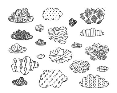 El çizimi tarzında eşsiz desenleri olan çeşitli bulutlar. Her bulut eğlenceli bir düzende farklı doku ve şekillere sahiptir. Çizgi film vektör illüstrasyonu.