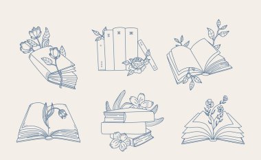 Çiçeklerle süslenmiş kitaplar sanat tarzında. Çiçek elementleri zarif bir kompozisyonda açık ve kapalı kitaplarla iç içe geçer. Çizgi film vektör illüstrasyonu.