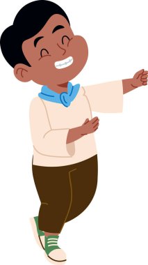 Parlak bir gülümsemesi ve çizgi film tarzında bir eşarbı olan genç bir çocuk. Çocuk neşeyle gülüyor ve günlük kıyafetler giyiyor. Çizgi film vektör illüstrasyonu.