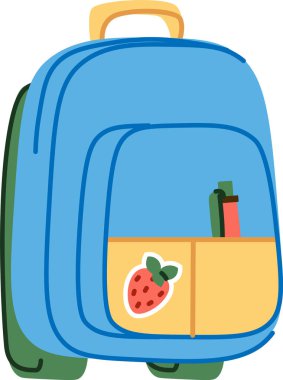 İçinde çilek bandı ve renkli kırtasiye malzemesi olan bir sırt çantası. Çantanın ön cebinde kalemler ve meyve motifi var. Çizgi film vektör illüstrasyonu.