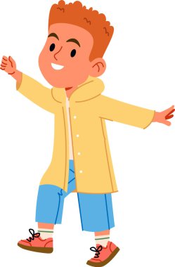 Uzun paltolu ve kolları açık, çizgi film tarzında çizilmiş, neşeli pozlarda gülümseyen çocuk. Çocuk neşeli bir ifade ve günlük kıyafetle tasvir edilir. Çizgi film vektör illüstrasyonu.