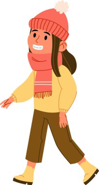 Bereli ve eşarplı bir kız çizgi film tarzında mutlu bir şekilde yürür. O, yürürken kalın giysiler giyer ve parlak bir şekilde gülümser. Çizgi film vektör illüstrasyonu.