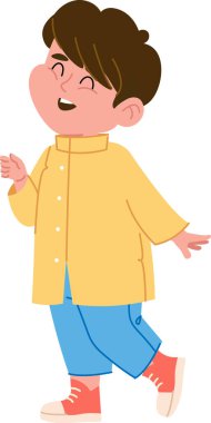 Uzun gömlek ve kot pantolon giyen, düz bir tarzda çizilmiş koyu renk saçlı bir çocuk. Çocuk neşeli bir ifadeyle gülüyor ve yürüyor. Çizgi film vektör illüstrasyonu.