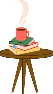 Dumanı tüten bir kahve fincanı tahta bir masanın üzerinde düz bir şekilde duruyor. Sıcak içecek dolu bir fincan yuvarlak bir masanın üzerine konulan romanlara dayanır. Çizgi film vektör illüstrasyonu.