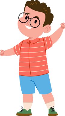 Çizgili gömlek ve mavi şort giyen, çizgi film tarzında gülümseyen gözlüklü bir çocuk. Çocuk kollarını kaldırmış ve neşeli bir ifadeyle tasvir edilir. Çizgi film vektör illüstrasyonu.
