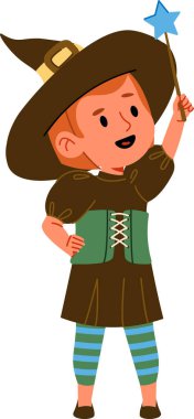 Şapkalı ve çizgili taytlı genç bir cadı çizgi film tarzında yıldız uçlu bir değnek tutuyor. Çocuk korse ve elbise giyiyor, sihirli bir aura yayıyor. Çizgi film vektör illüstrasyonu.