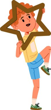 Kıvırcık saçlı çocuk, çizgi film tarzında çizilmiş, oyuncu bir pozda büyük bir yıldız tutuyor. Çocuk, dinamik hareketler gösteren, yıldızla neşe içinde etkileşim içinde tasvir edilir. Çizgi film vektör illüstrasyonu.
