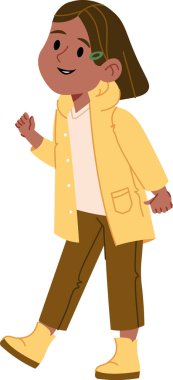 Yağmurluğu ve çizmeleri olan genç bir çocuk çizgi film tarzında mutlu bir şekilde yürür. Çocuk neşeli bir ifade ve günlük kıyafetle tasvir ediliyor. Çizgi film vektör illüstrasyonu.