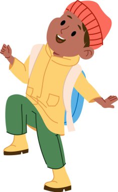 Çizgi film tarzında şapka, ceket ve sırt çantası giyen bir çocuk. Resimde, neşeli bir ifadeyle sıcacık giyinmiş bir çocuk resmediliyor. Çizgi film vektör illüstrasyonu.