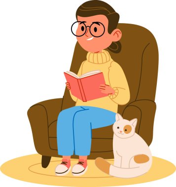 Gözlüklü bir insan bir koltukta oturur ve yanında halıdaki bir kedi ile kitap okur. Karakter bir kazak ve kot pantolon giyer ve kedi huzur içinde dinlenir. Çizgi film vektör illüstrasyonu.