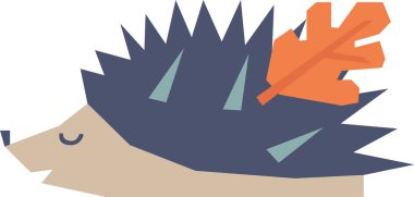 Sırtında yaprak ve dikenli kalemleri olan geometrik bir kirpi. Stilize edilmiş hayvanın keskin açıları ve basit bir şekli vardır. Çizgi film vektör illüstrasyonu.