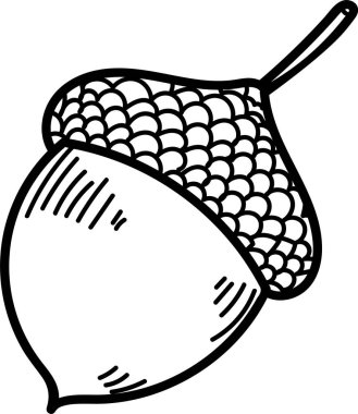 Bir palamut, desenli bir kep ve elle çizilmiş düz bir vücut. Fındık detaylı bir çizgi çalışması ve gölgeleme içeriyor. Çizgi film vektör illüstrasyonu.