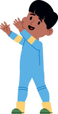 Çizgili pijamalı bir çocuk ve düz bir şekilde neşeli bir ifade. Çocuk kaldırılmış eller ve gülen bir yüzle karikatürsel bir şekilde tasvir ediliyor. Çizgi film vektör illüstrasyonu.