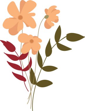 Bir buket stilize çiçek ve temiz vektör tarzında yapraklar. Çiçekler ve yapraklar düz çizgiler ve basit şekillerle tasvir edilir. Çizgi film vektör illüstrasyonu.