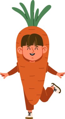 Havuç kostümü giymiş, çizgi film tarzında gülümseyen bir çocuk. Kostüm, üzerinde yeşil yapraklar ve kahverengi ayakkabıları içeriyor. Çizgi film vektör illüstrasyonu.