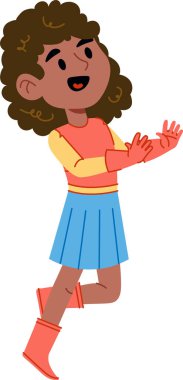 Çizgi film kızı, kıvırcık saçlı, renkli kıyafetler giyen ve neşeli pozlar veren bir kız. Karakter, etkileyici özellikleri ve dinamik duruşuyla tasvir edilir. Çizgi film vektör illüstrasyonu.