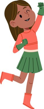 Uzun saçlı neşeli bir kız etek ve botlarla zıplıyor, düz bir şekilde çizilmiş. Karakter neşeli bir ifade ve canlı bir kıyafetle tasvir edilir. Çizgi film vektör illüstrasyonu.